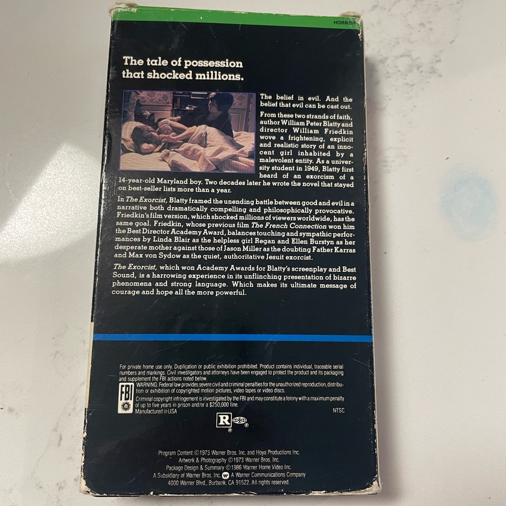 The Exorcist 1973 (VHS, 1986) Warner Bros Home Video Side UPC - Picture 2 of 2